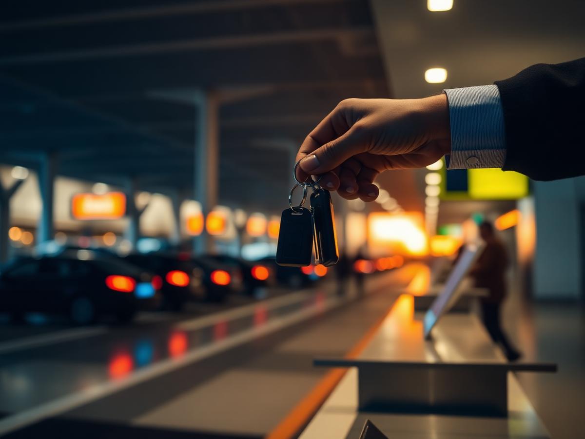Rental car keys handed over at an airport car rental counter at dusk